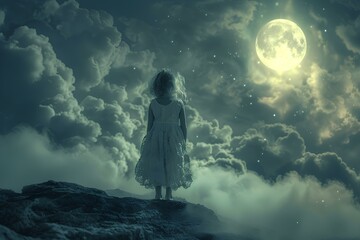 Obraz premium A little girl standing on top of a hill under a full moon