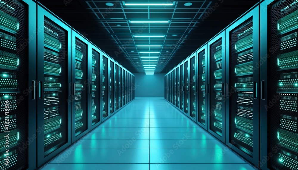 Poster futuristic server room. modern data center storage systems. network connections. automated tech. emp