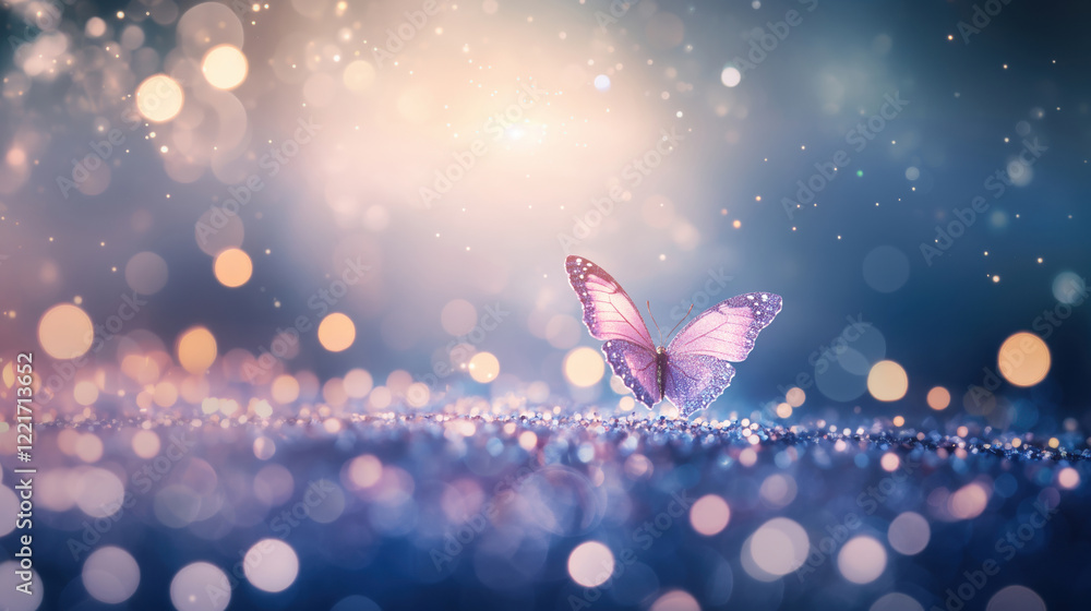 Poster a glittery pink butterfly resting on a sparkling surface, surrounded by enchanting bokeh lights in s