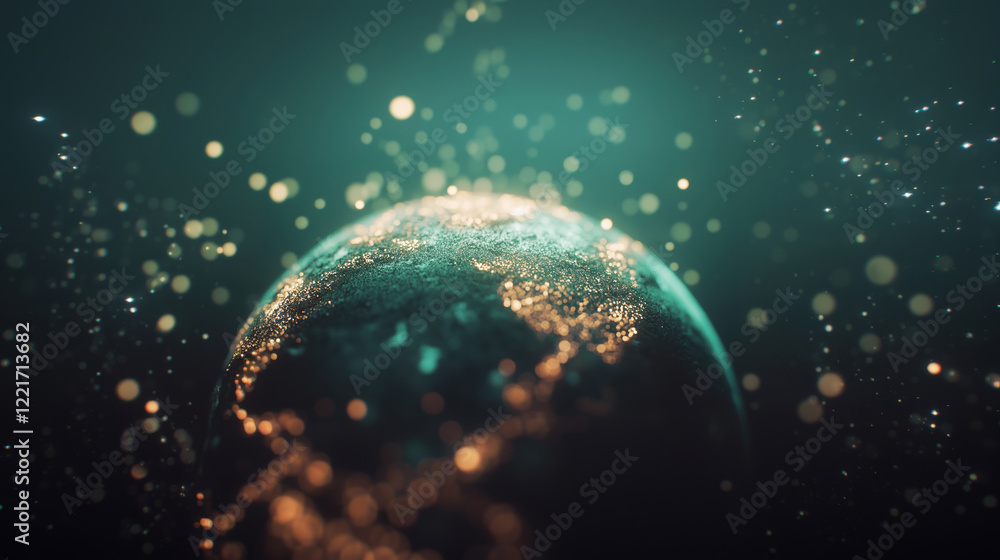 Poster a glowing view of earth from space, showcasing illuminated light trails and bokeh, symbolizing globa