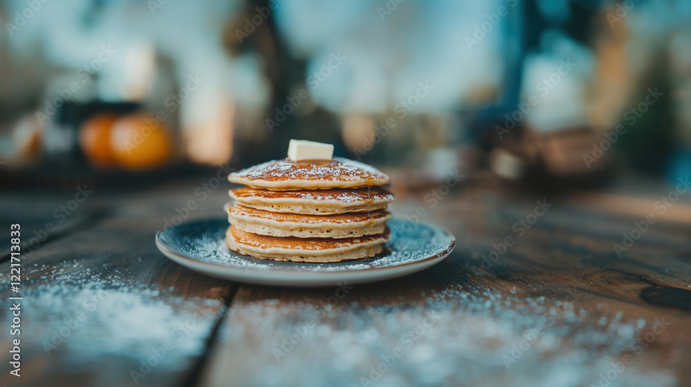 Poster a stack of golden pancakes topped with butter and dusted with powdered sugar, served on a rustic woo