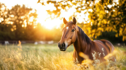 Obraz premium A horse standing in a meadow during the golden hour, with warm sunlight casting a beautiful glow over the scene.