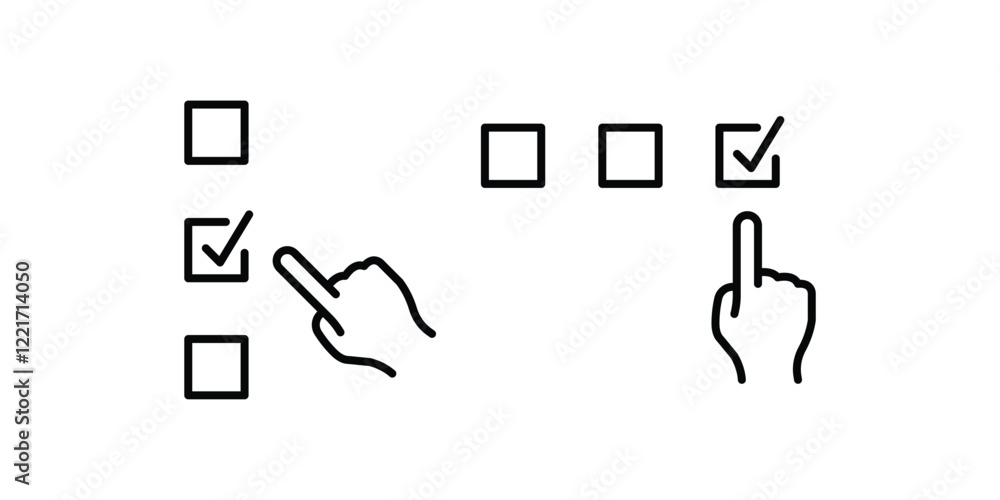 Aufkleber hand click check mark icon tick symbol. set of checklist icons with hand interaction | check box icon with correct, accept checkmark icons. editable stroke