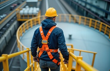 Male worker walks carefully on elevated walkway with safety harness, helmet. Looks at surroundings. Industrial site with large metal tanks. Worker wearing protective gear. Safety important for type