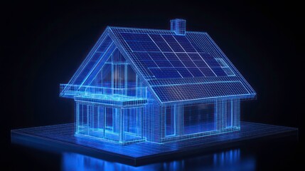 Wireframe model of a modern house with solar panels on the roof, digitally rendered in blue on a black background.
