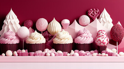 Colorful display of sweet treats in shades of pink and white on a decorative table