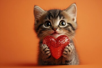 Cute pixiebob young cat with sparkling rhinestones red heart - emblem of love, funny greeting card. Promotion picture graphic design. Pixiebob - my beloved cat. Valentine's day animal.