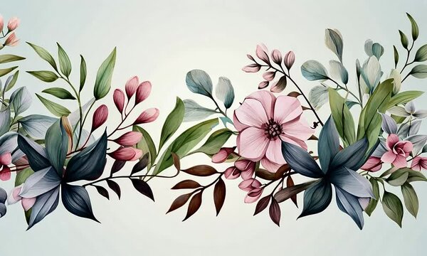 Watercolor floral banner, pastel flowers, leaves, soft background, website header