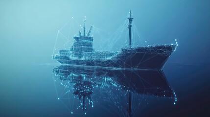 A 3D digital rendering of a polygonal wireframe cargo ship, connected to a global network, set against a blue background.
