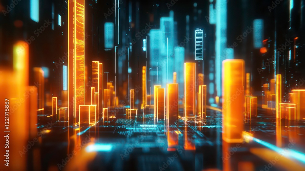Aufkleber a 3d holographic bar chart displaying risk levels in futuristic setting, showcasing vibrant orange a