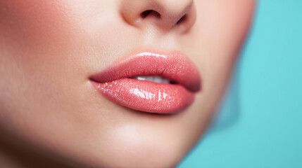 A close-up of glossy, soft pink lips with subtle sparkle, set against a contrasting teal background for a bold aesthetic.