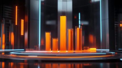 A 3D holographic bar chart displaying risk levels in futuristic setting, showcasing vibrant orange and blue colors. digital interface highlights data trends and analytics