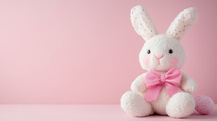 Obraz premium Cute bunny with a pink bow on a soft pink background with space for messages