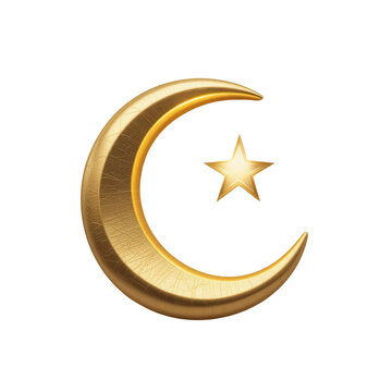 Golden Crescent Moon and Star Symbol Isolated on Transparent Background