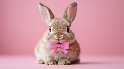 Obraz premium Cute bunny with a pink bow on a soft pink background with space for messages