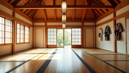 Empty Japanese dojo training room. Wooden floor, high ceiling. Traditional Japanese style. Large windows with view of garden, nature outside. Martial arts clothing hanging on wall. Peaceful, serene