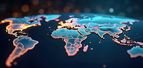 Global network map illustration. World map glows with bright orange, light blue colors. Digital art style international tech connections. Conceptual illustration for global business, community.