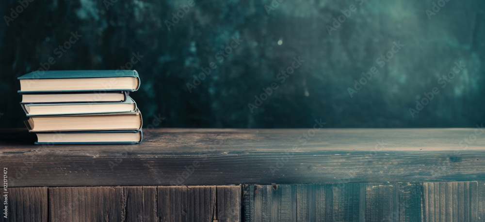 Poster a stack of various books placed neatly on a table, against a dark black background, creating a minim
