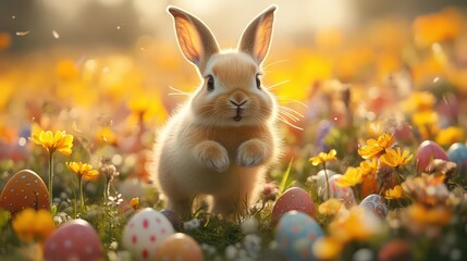 Delightful bunny hopping joyfully among vibrant Easter eggs in a meadow