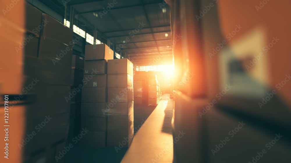 Poster stacks of cardboard boxes in a warehouse illuminated by warm sunlight streaming through the windows,