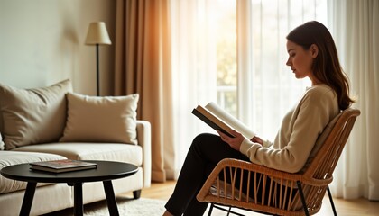 Woman sits in wicker chair reading book in warm minimalist living room. Natural light bathes space. Cozy, serene atmosphere. Modern furniture, simple decor create relaxed feel. Stylish interior