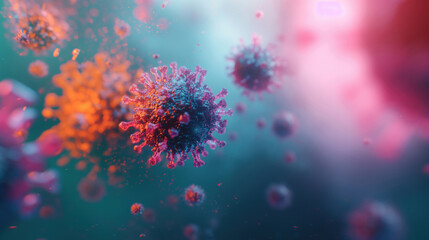 Floating abstract virus cells illuminated with light effects, creating a surreal and vibrant scientific image.