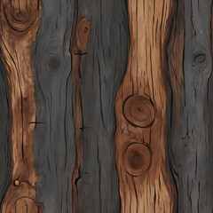 A rough wood bark texture with deep grooves, knots, and peeling layers in rich brown and dark gray tones.