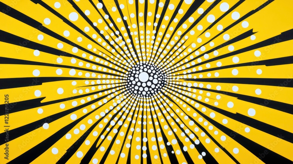 Poster a bold and dynamic comic book style background with a central circular pattern of white dots on a vi