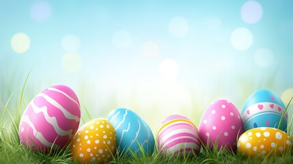 Easter background with colorful eggs and happy greetings, featuring a soft pastel design with plenty of space for text