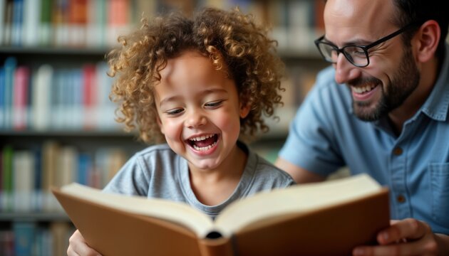 Happy child and father read book together in library. Child has curly hair and smile. Father is reading book to child. Family bonding and learning concept. Reading in library. Good parenting.