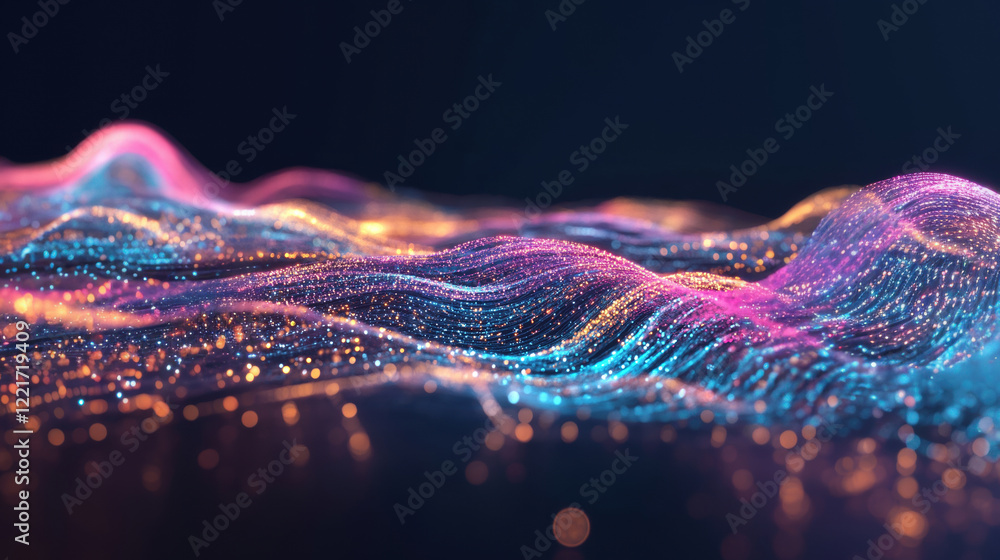 Aufkleber a mesmerizing visualization of vibrant, flowing digital waves glowing with multicolored lights, crea