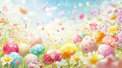 Easter background with colorful eggs and happy greetings, featuring a soft pastel design with plenty of space for text