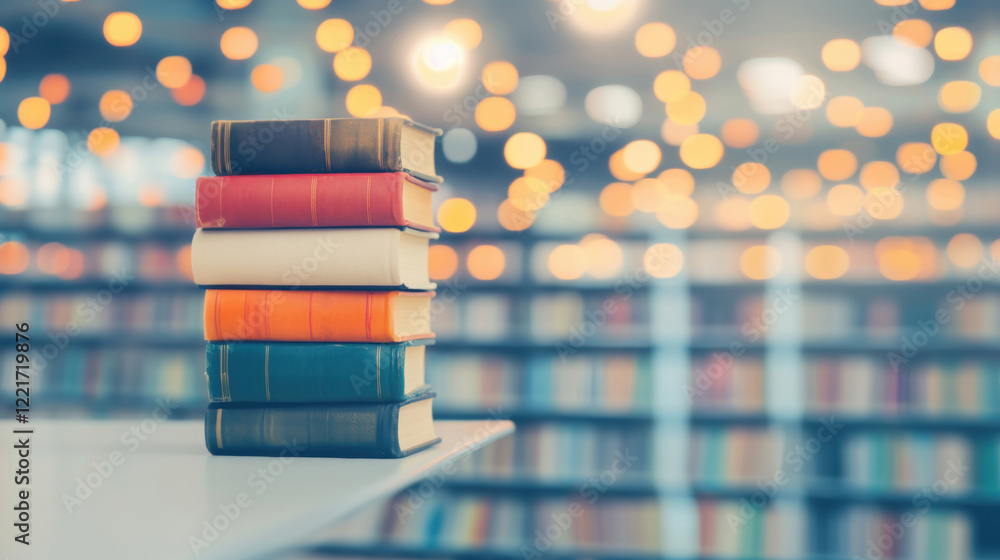 Poster a stack of colorful books placed on a table, with a blurred library background filled with warm boke