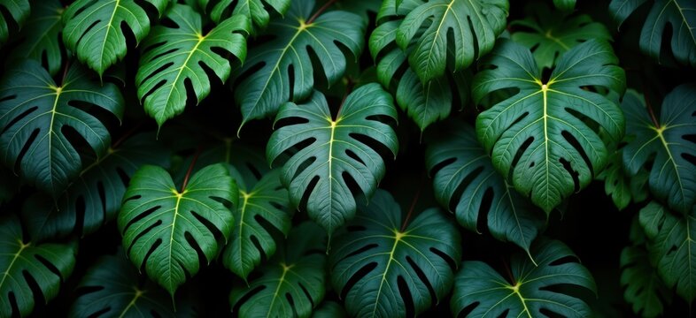 Closeup view of tropical monstera leaves. Green foliage creates vibrant natural backdrop. Ideal for nature photography lovers, eco-conscious brands, interior design firms. Image dynamic natural