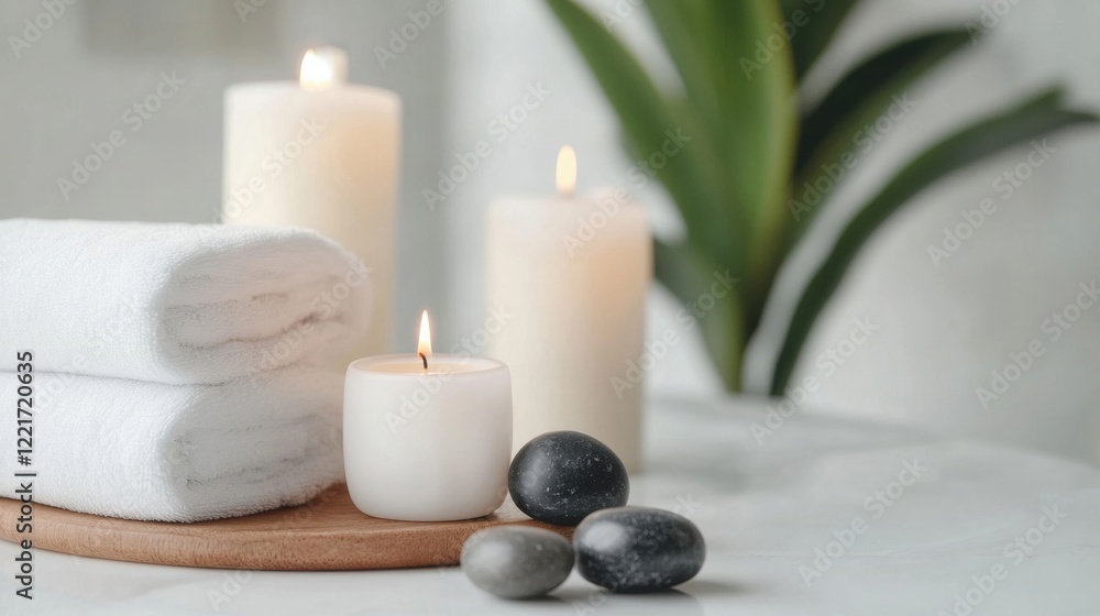 Poster soft white towels are neatly arranged with lit candles and smooth stones, creating a calming spa atm