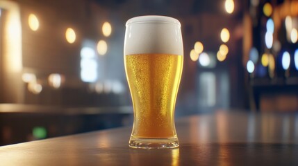 A refreshing pint of beer sits on a shiny countertop in a cozy pub, illuminated by soft lighting that enhances the inviting atmosphere