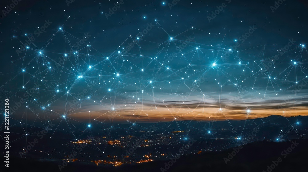 Poster a celestial network of interconnected points, illuminated against a backdrop of a starry night sky, 