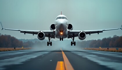 Fototapeta premium Commercial jet taking off from airport runway. Aircraft in motion. Transportation. Aviation. Travel. Modern technology. Fast speed. Air travel. Blue sky. Cloudy day. Airport. Jet accelerating.
