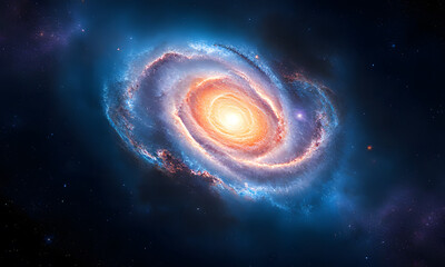 A vibrant spiral galaxy with orange and purple hues, suitable for space-themed designs, astronomy publications, or science-related projects