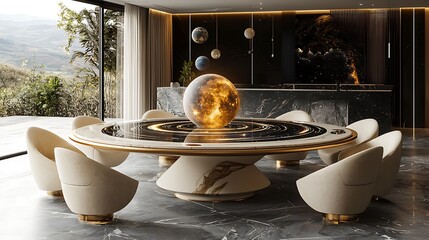 A celestial dining table with a rotating centerpiece that mimics the movement planets around a star