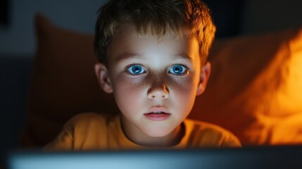 A child with bright blue eyes gazes intently at a computer screen while sitting on a couch in a dimly lit room at night