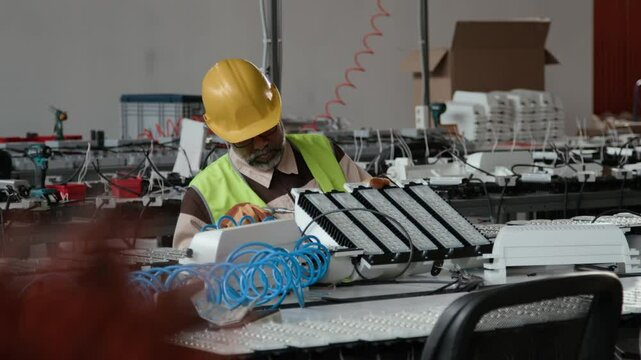 Medium shot of focused middle-aged Asian male specialist in hardhat sitting at assembly line table at industrial lighting manufacturing company, blowing dust and debris off semi-finished LED lamp