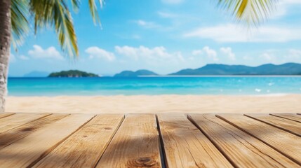 A wooden table offers a perfect view of a serene tropical beach with calm turquoise waters and distant islands under a sunny sky
