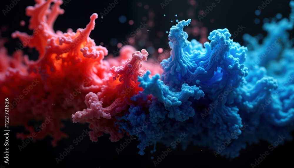 Poster swirling blue and red acrylic colours dance in water. intricate patterns emerge against black backdr