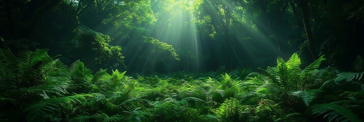 Obraz premium lush green forest canopy, dense foliage, Sunlit tree canopy in tropical jungle