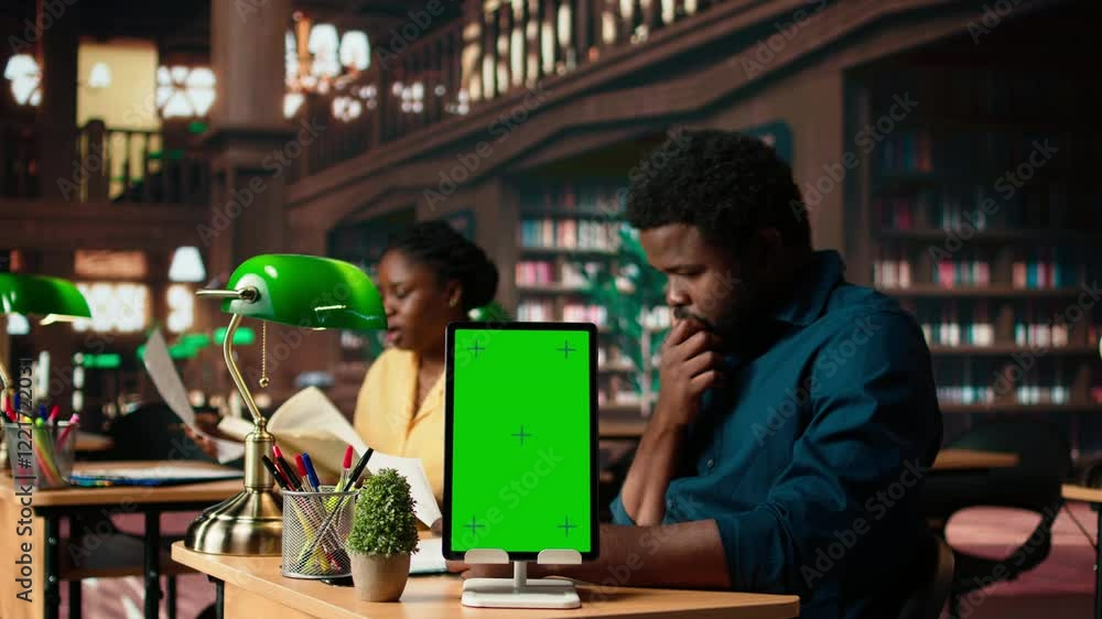Poster black college students reading class notes next to copy space screen, studying together at the campu