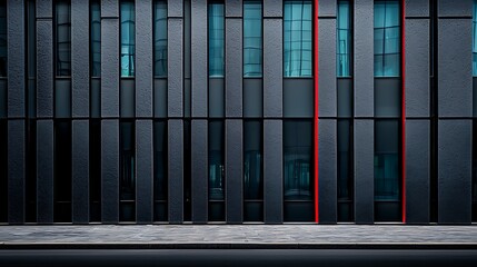 Modern city building facade, street view, dark grey panels, red line, urban background