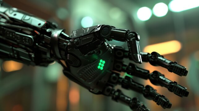 A robotic hand showcases intricate mechanics and illuminated sensors, highlighting its capabilities in a high-tech environment