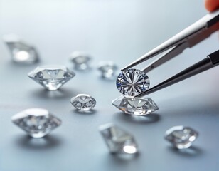 Close up view of brilliant cut diamond held by tweezers. Multiple loose diamonds with various cuts on light gray surface. Image gem expert handling precious stone. Luxurious, expensive gemstones,