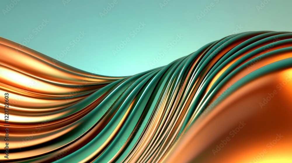 Poster curves and textures of green and gold waves blend seamlessly, creating an abstract composition that 
